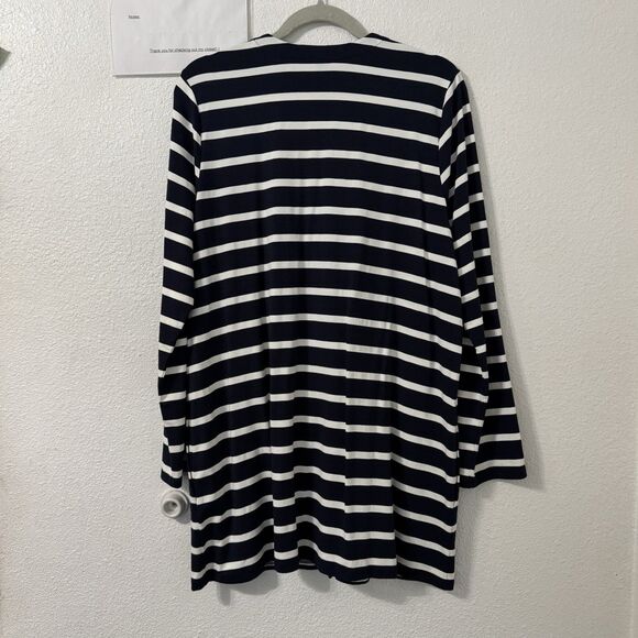 J.Jill Wearever Cardigan Large Navy White Stripe‎ Pockets Long Sleeve One Button - Picture 3 of 7